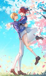 Rule 34 | 1boy, 1girl, absurdres, arima kana, beret, blonde hair, blue eyes, blue headwear, blue vest, bob cut, brown footwear, carrying, carrying person, cherry blossoms, closed eyes, closed mouth, commentary, full body, grey skirt, happy, hat, hat ribbon, highres, hoshino aquamarine, inverted bob, light blush, open mouth, oshi no ko, red eyes, red hair, ribbon, school uniform, short hair, shuoruoranxing, skirt, smile, socks, vest, white socks, youtou high school uniform