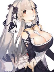 Rule 34 | 1girl, azur lane, bare shoulders, between breasts, black dress, black nails, blush, breasts, cleavage, dress, earrings, formidable (azur lane), frilled dress, frills, frown, grey hair, hair ornament, hair ribbon, head tilt, jewelry, large breasts, long hair, long sleeves, looking at viewer, mania (fd6060 60), nail polish, red eyes, ribbon, simple background, solo, twintails, white background