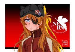Rule 34 | absurdres, animal hat, arte, black hat, english text, hat, highres, neon genesis evangelion, outside border, red background, self-upload, solo, souryuu asuka langley