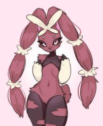 Rule 34 | 1girl, animal nose, bare shoulders, black sclera, body fur, brown fur, closed mouth, colored sclera, covered collarbone, cowboy shot, creatures (company), female focus, flat chest, furry, furry female, game freak, gen 4 pokemon, hands up, highres, looking at viewer, lopunny, mega lopunny, mega pokemon, navel, nintendo, nyaivie, pink background, pink eyes, pokemon, pokemon (creature), rabbit ears, rabbit girl, rabbit tail, simple background, solo, standing, stomach, two-tone fur, v-shaped eyebrows, white fur