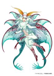Rule 34 | 1girl, arthropod girl, clenched hand, colored skin, dmm, extra hands, eye print, full body, hair between eyes, hand out, heterochromia, insect girl, insect wings, looking at viewer, midair, midriff, moth antennae, moth girl, moth wings, multicolored skin, official art, purple eyes, reaching, reaching towards viewer, red skin, simple background, solo, tattoo, teeth, upper teeth only, white background, white hair, white legwear, white neckwear, white skin, wings, yellow eyes, yuba no shirushi, yuzu shio
