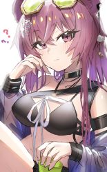 Rule 34 | 1girl, ?, animal ears, arknights, arm strap, bikini, black bikini, black choker, blush, breasts, choker, cleavage, closed mouth, collarbone, commentary request, cup, eyewear on head, green-tinted eyewear, hair ornament, hairclip, highres, holding, holding cup, horn/wood, jacket, lin (arknights), long hair, long sleeves, looking at viewer, medium breasts, mouse ears, off shoulder, official alternate costume, open clothes, open jacket, pink eyes, pink hair, purple jacket, simple background, sitting, solo, sunglasses, swimsuit, tinted eyewear, white background, yellow-framed eyewear
