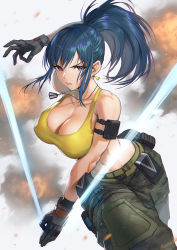 Rule 34 | 1girl, ammunition pouch, bare arms, bare shoulders, blue eyes, blue hair, boots, breasts, camouflage, camouflage pants, cleavage, dog tags, gloves, highres, large breasts, leona heidern, long hair, looking at viewer, mhk (mechamania), midriff, pants, ponytail, pouch, sleeveless, snk, solo, tank top, the king of fighters, the king of fighters xiv, yellow tank top