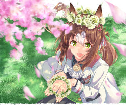 Rule 34 | 1girl, absurdres, animal ears, ascot, blurry, blurry foreground, brown hair, cherry blossoms, clover hair ornament, commentary request, fine motion (umamusume), flower wreath, grass, green eyes, hair ornament, highres, horse ears, horse girl, horse tail, jacket, long sleeves, medium hair, multicolored hair, open mouth, outdoors, petals, sitting, smile, solo, tail, tomu (tom 309k), two-tone hair, umamusume, upper body, white jacket