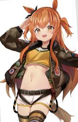 Rule 34 | 1girl, :d, animal ears, arm up, belt, breasts, brown jacket, cowboy shot, crop top, crop top overhang, dog tags, hair ribbon, highres, horse ears, horse girl, horse tail, jacket, kure (kure ng), long hair, looking at viewer, mayano top gun (umamusume), midriff, navel, open clothes, open jacket, open mouth, orange eyes, orange hair, orange thighhighs, outstretched arm, ribbon, shirt, short shorts, shorts, simple background, small breasts, smile, solo, standing, stomach, tail, thighhighs, thighs, two side up, umamusume, white background, white shorts, yellow shirt