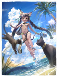 Rule 34 | 1girl, :d, animal, animal ears, artist name, barefoot, bastet (clover theater), beach, bikini, black hair, blue sky, braid, breasts, cat, cat ears, cat tail, cloud, clover theater, day, green eyes, highres, long hair, looking at viewer, motion blur, observerz, ocean, open mouth, outdoors, palm tree, sky, small breasts, smile, soles, solo, striped bikini, striped clothes, swimsuit, tail, tree, twin braids, very long hair, water, white bikini