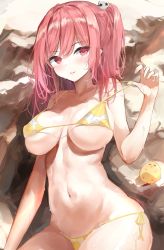 Rule 34 | 1girl, 7gao, alternate costume, areola slip, azur lane, bare shoulders, bikini, bird, breasts, chick, collarbone, commentary request, dead or alive, dead or alive 5, female focus, hair ornament, hand up, highres, honoka (doa), honoka (summer angel on the shore) (doa), large breasts, looking at viewer, manjuu (azur lane), matching hair/eyes, navel, parted lips, pink eyes, pink hair, pulled by self, side-tie bikini bottom, skindentation, solo, strap gap, strap pull, string bikini, swimsuit, underboob, wet, wet hair, yellow bikini