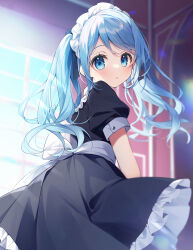 Rule 34 | 1girl, apron, back bow, black dress, blue eyes, blue hair, blurry, blurry background, blush, bow, depth of field, dress, frilled dress, frills, highres, indoors, long hair, looking at viewer, looking back, maid, maid apron, maid headdress, original, puffy short sleeves, puffy sleeves, sesera (suimya), short sleeves, solo, suimya, twintails, waist apron, white apron, window