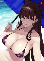 1girl bad_id bad_twitter_id bare_shoulders bikini blush breasts brown_hair cleavage cocq_taichou collarbone cone_hair_bun day double_bun fate/grand_order fate_(series) frilled_umbrella frills hair_bun large_breasts long_hair looking_at_viewer murasaki_shikibu_(fate) navel purple_bikini solo swimsuit two_side_up umbrella very_long_hair