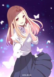 Rule 34 | 10s, 1girl, bandai, blouse, breasts, bug, butterfly, digimon, digimon adventure tri., female focus, insect, long hair, looking at viewer, school uniform, shirt, skirt, smile, solo, standing, tachikawa mimi, white shirt, zdl xiaobai