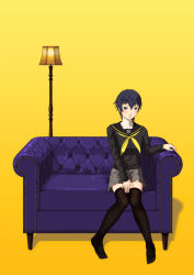 Rule 34 | 1girl, atlus, black thighhighs, blue hair, blue upholstery, blush, couch, highres, hitogi, houndstooth, persona, persona 4, school uniform, shirogane naoto, short hair, sitting, skirt, solo, thighhighs