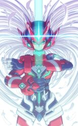 Rule 34 | 1boy, armor, blue eyes, energy blade, feathers, gloves, hashtag-only commentary, helmet, hi-go!, highres, holding, holding sword, holding weapon, male focus, mega man (series), mega man zero (series), photoshop (medium), red helmet, solo, sword, weapon, white hair, z saber, zero(z) (mega man), zero (mega man)