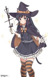 Rule 34 | animal ears, asashio (kancolle), bad id, bad twitter id, belt, black cape, black hair, blue eyes, bow, bowtie, buttons, cape, cat ears, cat tail, commentary, dress, frilled dress, frills, gloves, halloween, halloween costume, hat, highres, holding, holding staff, kantai collection, long hair, long sleeves, looking at viewer, meguru (megurunn), official alternate costume, orange bow, orange ribbon, pinafore dress, ribbon, school uniform, searchlight, shirt, simple background, sleeveless, sleeveless dress, solo, sparkle, sparkle background, staff, striped clothes, striped thighhighs, tail, thighhighs, twitter username, white gloves, white shirt, witch, witch hat