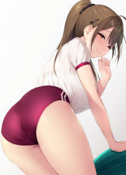 Rule 34 | 1girl, ahoge, arm support, ball, bare legs, blush, breasts, brown eyes, brown hair, buruma, cowboy shot, exercise ball, from behind, hair ornament, hair scrunchie, half-closed eyes, highres, huge breasts, idolmaster, idolmaster shiny colors, impossible clothes, impossible shirt, kuwayama chiyuki, large breasts, leaning forward, looking at viewer, ponytail, red buruma, satou kuuki, scrunchie, see-through, shirt, short sleeves, simple background, smile, solo, white background