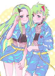 Rule 34 | 2girls, black choker, black tube top, blue jacket, blue shorts, choker, floating hair, green eyes, hair behind ear, hand on own thigh, highres, horns, jacket, long hair, macross, macross delta, macross delta: zettai live!!!!!!, matching outfits, multiple girls, open hand, pointy ears, reina prowler, sechi (stst1850), see-through, see-through shirt, short hair, shorts, single horn, smile, strapless, torn clothes, torn shorts, tube top, very long hair, yami reina