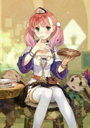 Rule 34 | 10s, 1girl, atelier (series), atelier escha &amp; logy, blush, braid, breasts, cleavage, creature, crumbs, dress, eating, escha malier, female focus, food, food on face, furry, furry female, green eyes, hat, hidari (left side), highres, holding, indoors, medium breasts, official art, pie, pink hair, plate, sitting, solo focus, twintails