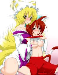 Rule 34 | 2girls, animal ears, bad id, bad pixiv id, blonde hair, blush, grabbing another&#039;s breast, breasts, brown hair, cat ears, cat girl, cat tail, chen, clothes lift, couple, earrings, eyes visible through hair, female focus, finger in mouth, finger sucking, fox tail, grabbing, hat, heart, heart-shaped pupils, highres, jewelry, large breasts, multiple girls, multiple tails, navel, nipples, open mouth, red hair, shirt lift, sugamo, symbol-shaped pupils, tail, touhou, yakumo ran, yuri