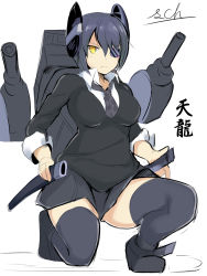 Rule 34 | 10s, 1girl, black hair, black thighhighs, cannon, checkered clothes, checkered necktie, checkered neckwear, dress shirt, eyepatch, hair over one eye, highres, kantai collection, looking at viewer, necktie, personification, sch, shirt, short hair, skirt, solo, tenryuu (kancolle), thighhighs, yellow eyes