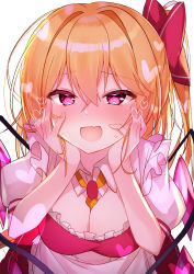 Rule 34 | 1girl, :d, absurdres, alternate breast size, ascot, between breasts, blonde hair, bow, breasts, cleavage, commentary request, fang, flandre scarlet, hair between eyes, hair bow, hands on own cheeks, hands on own face, heart, heart-shaped pupils, highres, large breasts, long hair, looking at viewer, nenobi (nenorium), open mouth, pink eyes, puffy short sleeves, puffy sleeves, red bow, short sleeves, side ponytail, signature, simple background, smile, solo, symbol-shaped pupils, touhou, white background, wings, yellow ascot