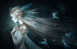 Rule 34 | 1girl, blonde hair, blue skin, breasts, closed mouth, colored skin, commentary, fairy, fairy wings, from side, hand on own chest, head wings, highres, horns, long hair, looking down, marie magny, medium breasts, original, pointy ears, profile, realistic, solo, upper body, very long hair, wings