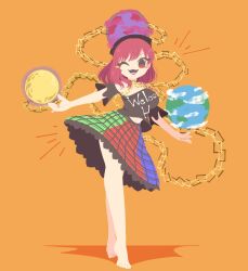 Rule 34 | 1girl, barefoot, breasts, earth (ornament), hecatia lapislazuli, highres, large breasts, moon (ornament), red eyes, red hair, shinsei tomato, skirt, solo, touhou