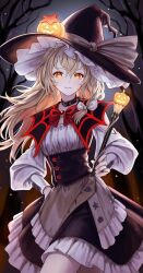 Rule 34 | 1girl, absurdres, adapted costume, bare tree, black hat, black nails, black skirt, blonde hair, bow, bowtie, halloween, halloween costume, hand on own hip, hat, highres, kirisame marisa, large hat, long sleeves, night, night sky, pumpkin hat ornament, red bow, red bowtie, shirt, skirt, sky, smile, solo, star (symbol), torinari (dtvisu), touhou, tree, undefined fantastic object, white bow, white shirt, witch hat, yellow eyes