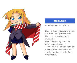 Rule 34 | 1girl, afghanis-tan, afuganisu-tan, blonde hair, blue eyes, blue skirt, blush, cape, character profile, chibi, coat, english text, formal, grin, hard-translated, long hair, lowres, meriken, necktie, parody, personification, simple background, skirt, smile, solo, striped, third-party edit, timaking, white background