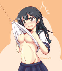 Rule 34 | 10s, 1girl, ^^^, black hair, blush, breasts, brown eyes, clothes lift, highres, hook, kantai collection, navel, no bra, open mouth, shirt lift, skirt, solo, standing, tamayan, tears, underboob, ushio (kancolle)