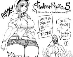 Rule 34 | 1boy, 1girl, absurdres, asymmetrical arms, atelier (series), atelier ryza, bb (baalbuddy), breasts, cleavage, coomer (meme), english text, greyscale, hat, highres, jacket, meme, monochrome, open clothes, open jacket, reisalin stout, short hair, short shorts, shorts, simple background, speech bubble, thighhighs, thighs, white background