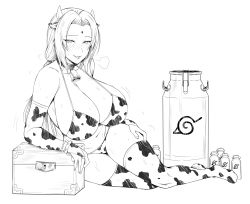 Rule 34 | 1girl, animal ears, animal print, arm support, bell, bikini, blush, bottle, breasts, cleavage, cow, cow ears, cow girl, cow horns, cow print, cowbell, greyscale, highres, horns, huge breasts, long hair, looking at viewer, mature female, milk bottle, monochrome, naruto, naruto (series), naruto shippuuden, parted lips, print bikini, seductive smile, sitting, smile, solo, swimsuit, tsunade (naruto), yakimi 27