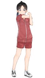 Rule 34 | 1girl, black eyes, black hair, commentary request, full body, highres, jacket, long hair, looking at viewer, original, ponytail, red jacket, red shorts, shoes, shorts, simple background, sleeves rolled up, smile, sneakers, solo, standing, stretching, track jacket, track suit, white background, yuki arare