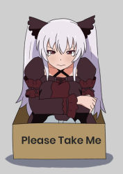 Rule 34 | 1girl, blush, box, cardboard box, collarbone, commentary, crying, crying with eyes open, dress, frills, gothic lolita, grey background, hair between eyes, hair ornament, highres, in box, in container, lolita fashion, long hair, long sleeves, looking at viewer, red eyes, sidelocks, simple background, sitting, solo, springsummer, tears, translated, twintails, uchi no maid ga uzasugiru!, ukai midori, very long hair, white hair