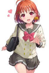 Rule 34 | 1girl, ahoge, bag, black bag, bow, bowtie, braid, choppy bangs, collarbone, commentary request, cowboy shot, crossed bangs, green sailor collar, green skirt, hand up, heart, highres, light blush, long sleeves, looking at viewer, love live!, love live! sunshine!!, open hand, open mouth, orange hair, pink bow, pink bowtie, pink eyes, pleated skirt, rabineru, sailor collar, school uniform, shirt, short hair, shoulder bag, side braid, simple background, single braid, skirt, smile, solo, takami chika, thighs, uranohoshi school uniform, white background, white shirt