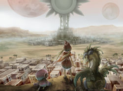 Rule 34 | 1girl, city, cityscape, creature, desert, from behind, hat, long hair, moon, muted color, original, palm tree, saitou shunsuke, scenery, shun, sun, teeth, tree, twintails, wings