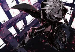 Rule 34 | 1boy, black coat, black gloves, coat, earrings, gloves, hair between eyes, holding, holding weapon, jewelry, male focus, miwa shirow, original, parted lips, red eyes, sleeves rolled up, solo, weapon, white hair