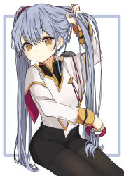 Rule 34 | 1girl, black skirt, brown eyes, brown pantyhose, bunching hair, capelet, commentary request, grey hair, hair between eyes, hair flowing over, hair ornament, head tilt, highres, holding, holding own hair, hoshino ruri, kidou senkan nadesico, long hair, long sleeves, miniskirt, pantyhose, paryi, shirt, sitting, skirt, solo, twintails, very long hair, white background, white capelet, white shirt