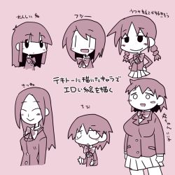 Rule 34 | 6+girls, :d, blazer, blush stickers, bow, breasts, chibi, closed eyes, female focus, hands on own hips, ikkyuu, jacket, large breasts, long sleeves, medium breasts, monochrome, multiple girls, open mouth, original, plump, school uniform, short hair, simple background, skirt, smile, translation request, twintails, uniform, upper body, | |
