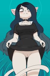 Rule 34 | 1girl, :d, absurdres, black dress, black eyes, black hair, blue eyeshadow, blue hair, breasts, claire (the summoning), cleft of venus, collared dress, dress, eyeshadow, facial mark, fangs, full body, gekasso, goth fashion, highres, long hair, makeup, multicolored hair, open mouth, pale skin, pentagram, pointy ears, pussy, short eyebrows, short sleeves, smile, solo, tail, the summoning, third-party edit, uncensored, upskirt, very long hair