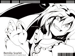 Rule 34 | 1girl, claws, fang, female focus, greyscale, kupala, monochrome, remilia scarlet, simple background, solo, touhou