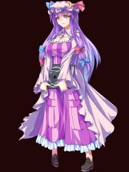 Rule 34 | 1girl, blue ribbon, book, breasts, cleavage, cleavage cutout, clothing cutout, crescent, dress, frown, full body, hair ribbon, hat, hat ornament, highres, huge breasts, large breasts, long hair, mob cap, patchouli knowledge, pocket, purple eyes, purple hair, red ribbon, ribbon, solo, standing, striped clothes, striped dress, tachi-e, touhou, transparent background, tress ribbon, very long hair, zephid