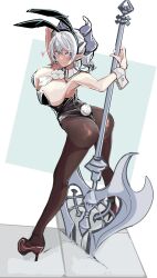 Rule 34 | 1girl, absurdres, alternate costume, animal ears, arms up, ass, breasts, cleavage, demon horns, detached collar, fake animal ears, full body, grey eyes, heart, high heels, highres, holding, holding polearm, holding weapon, horns, huge breasts, ku-ba, large breasts, leotard, lovely labrynth of the silver castle, no wings, pantyhose, pointy ears, polearm, rabbit ears, rabbit tail, short hair, sideboob, solo, tail, weapon, white hair, wrist cuffs, yu-gi-oh!
