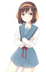 1girl armband brown_eyes brown_hair crossed_arms female_focus hairband highres resu_desu school_uniform serafuku short_hair simple_background solo suzumiya_haruhi suzumiya_haruhi_no_yuuutsu white_background