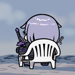 1girl black_jacket chibi chibi_only cloud cloudy_sky devil_may_cry_(series) grey_hair hololive hololive_english jacket jazz_jack katana koseki_bijou koseki_bijou_(3rd_costume) lowres meme monobloc_(chair) on_chair outdoors sitting sky solo sword vergil&#039;s_chair_(meme) virtual_youtuber weapon