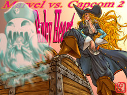 Rule 34 | 1girl, blonde hair, boots, breasts, capcom, cleavage, eyepatch, ghost, hair over one eye, hat, large breasts, long hair, marvel, marvel vs. capcom, marvel vs. capcom 2, nikuji-kun, pants, pirate, pirate hat, ruby heart, solo, treasure chest, tricorne