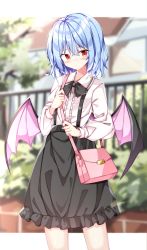 Rule 34 | 1girl, alternate costume, bag, bat wings, black skirt, blouse, blue hair, blurry, blurry background, blush, closed mouth, collared shirt, fence, highres, house, long sleeves, looking at viewer, outdoors, pink bag, red eyes, remilia scarlet, sabana, school uniform, shirt, short hair, shoulder bag, skirt, solo, standing, sweatdrop, touhou, tree, white shirt, wings