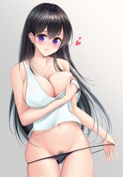 Rule 34 | 1girl, absurdres, arm at side, bare shoulders, black hair, black panties, blush, breasts, cleavage, closed mouth, collarbone, commentary request, covered erect nipples, ear piercing, eyelashes, female pubic hair, fingernails, gluteal fold, gradient background, groin, hair between eyes, hatsanxp, heart, highres, jewelry, large breasts, long hair, looking at viewer, nail polish, navel, necklace, original, panties, panty pull, piercing, pink nails, pubic hair, pubic hair peek, pulled by self, purple eyes, shiny skin, sideboob, sidelocks, skindentation, smile, solo, stomach, strap slip, string panties, tank top, underwear, very long hair, white tank top