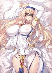 Rule 34 | 10s, 1girl, armpits, bare shoulders, between breasts, blindfold, blonde hair, blush, breasts, bridal gauntlets, dress, covered erect nipples, goblin slayer!, habit, huge breasts, jewelry, long hair, lying, minamon (vittel221), necklace, on back, parted lips, pelvic curtain, side slit, sideboob, solo, sword maiden, underbust, very long hair, white dress