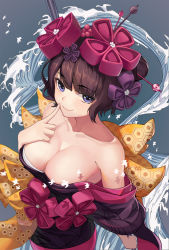 Rule 34 | 1girl, animal, bare shoulders, bird, blue eyes, breasts, brown hair, closed mouth, collarbone, commentary request, fate/grand order, fate (series), finger to mouth, flower, from above, hair flower, hair ornament, hairpin, heart, highres, holding, index finger raised, japanese clothes, katsushika hokusai (fate), kimono, komi (komiking), looking at viewer, medium breasts, obi, off shoulder, purple flower, red flower, revision, sash, short hair, smile, solo, standing, water