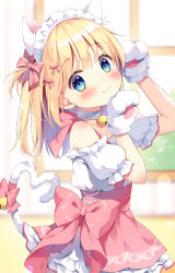 Rule 34 | 1girl, :3, animal ears, animal hands, apron, arm up, bare shoulders, bell, blonde hair, blurry, blurry background, blush, bow, cat ears, cat girl, cat tail, closed mouth, commentary request, depth of field, gloves, hair bow, hand up, heart, heart tail, indoors, jingle bell, looking at viewer, off-shoulder shirt, off shoulder, one side up, original, pan (mimi), paw gloves, pink apron, pink bow, puffy short sleeves, puffy sleeves, shirt, short sleeves, skirt, smile, solo, tail, tail bell, tail bow, tail ornament, tail raised, white gloves, white shirt, white skirt