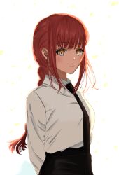 Rule 34 | 11220ii, 1girl, absurdres, arms behind back, black necktie, black pants, blunt bangs, blush, braid, braided ponytail, chainsaw man, closed mouth, collared shirt, commentary request, highres, long sleeves, looking at viewer, makima (chainsaw man), necktie, pants, red hair, ringed eyes, shirt, sidelocks, smile, solo, white background, white shirt, yellow eyes